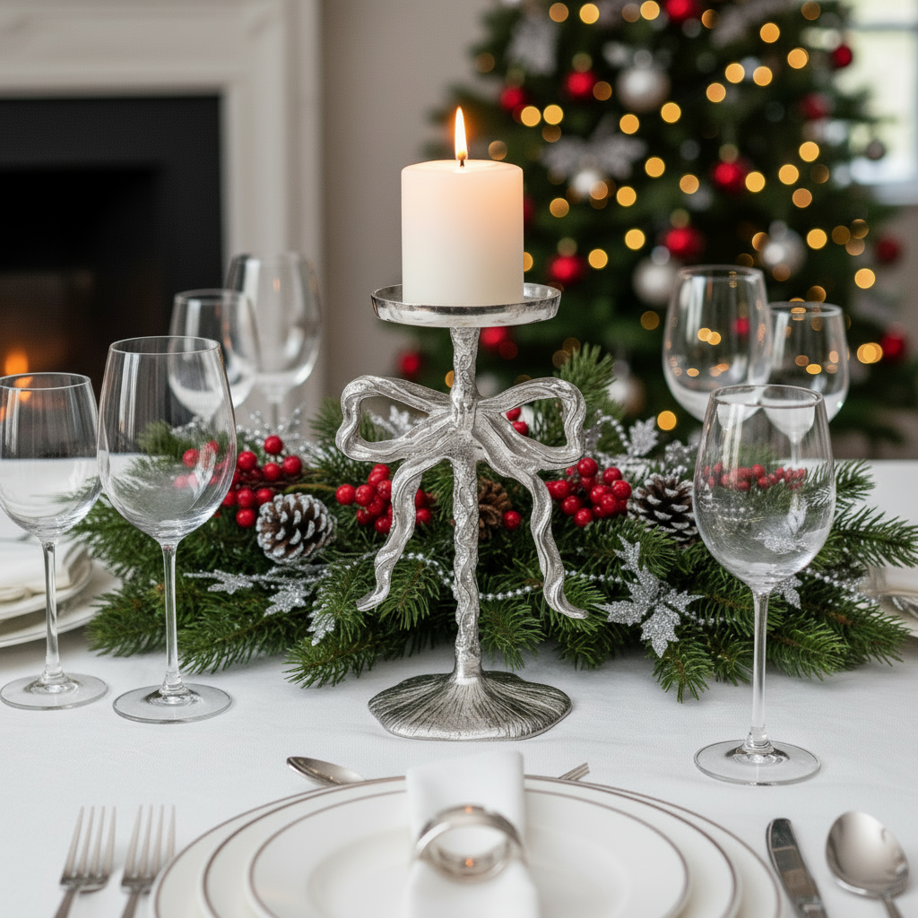 Bow Elegance Kerzenleuchter Schleifenform Silber 26cm Aluminium Handgefertigt