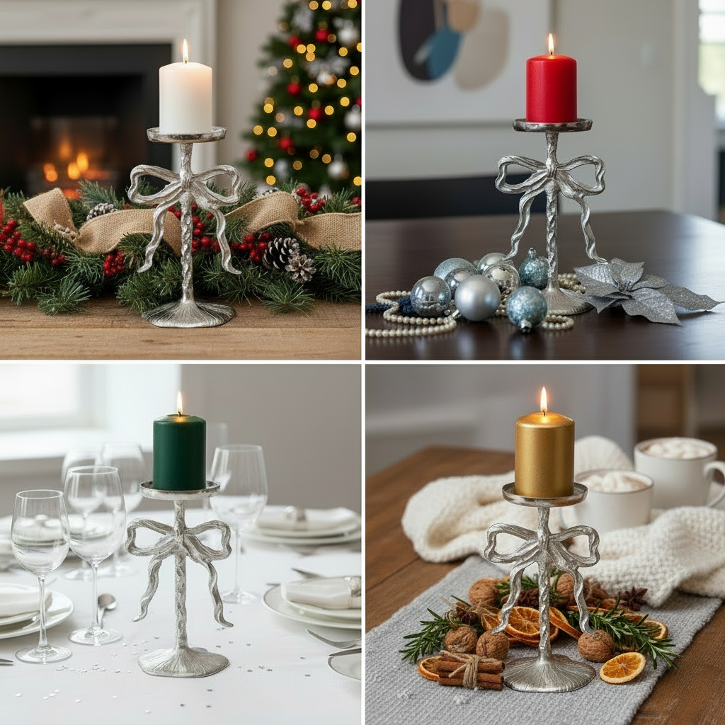 Bow Elegance Kerzenleuchter Schleifenform Silber 26cm Aluminium Handgefertigt