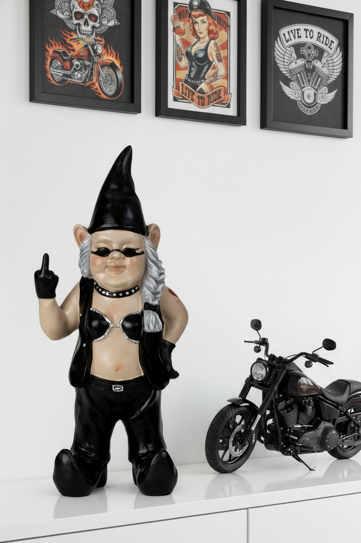 Dekofigur Rocker Zwergin Figur Schwarz 31cm Biker Lady mit Mittelfinger