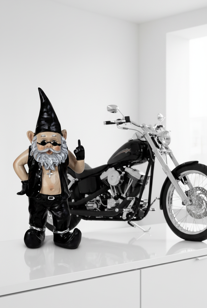 Dekofigur Rockerzwerg Klaus mit Stinkefinger aus Polyresin 32cm