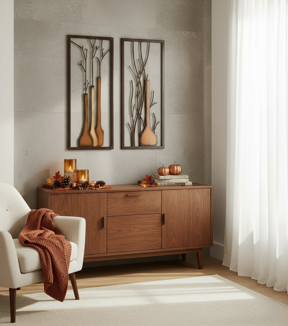 Wandbild 2er Set Vase Herbst Winter Design Handbemalt Metall 80x40cm