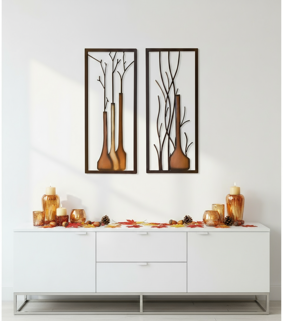 Wandbild 2er Set Vase Herbst Winter Design Handbemalt Metall 80x40cm