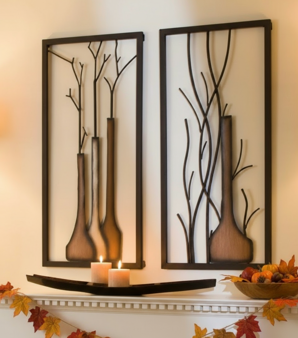 Wandbild 2er Set Vase Herbst Winter Design Handbemalt Metall 80x40cm