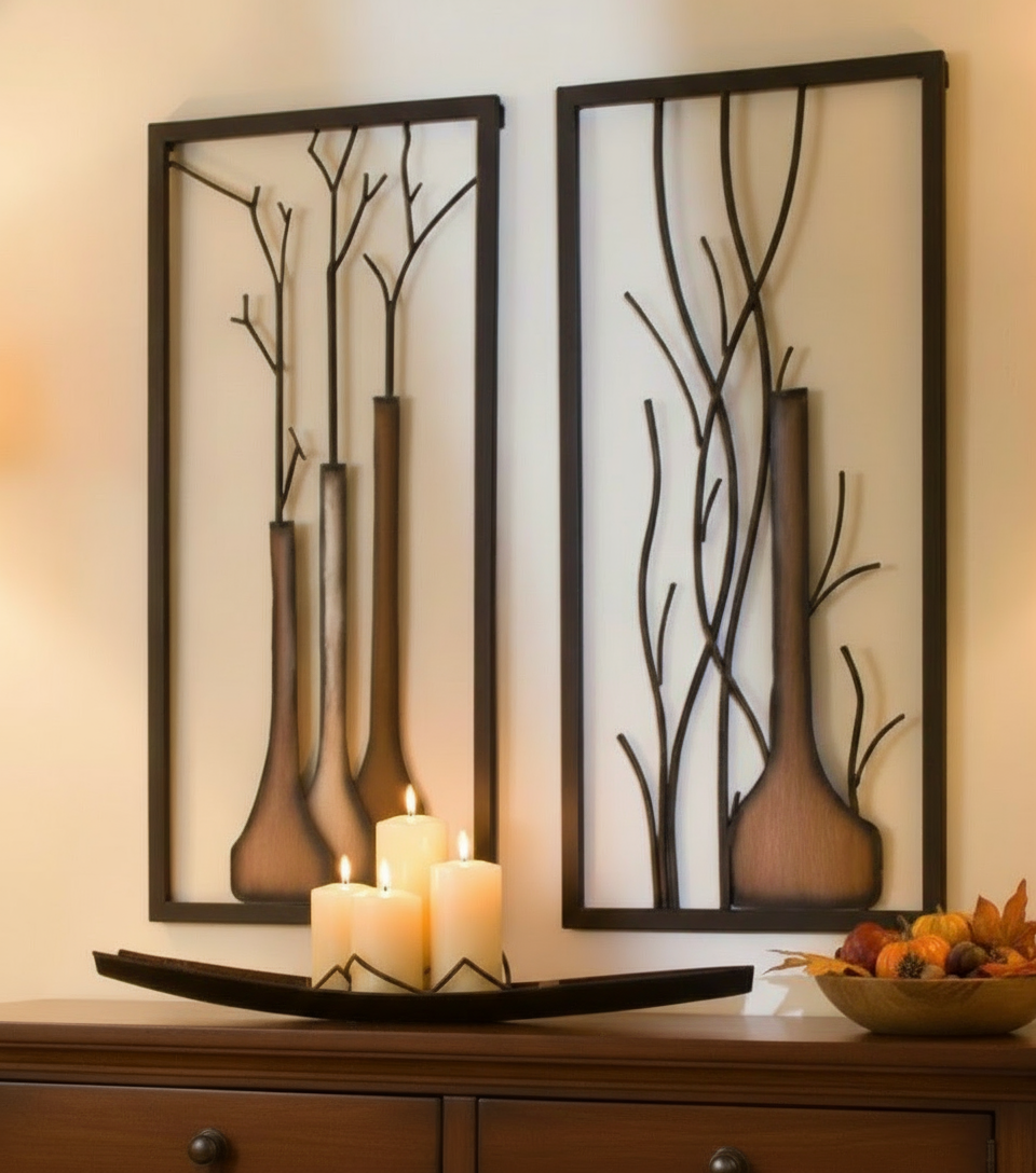 Wandbild 2er Set Vase Herbst Winter Design Handbemalt Metall 80x40cm