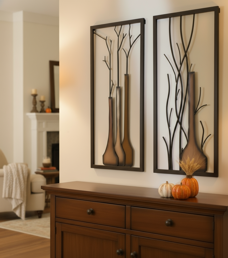 Wandbild 2er Set Vase Herbst Winter Design Handbemalt Metall 80x40cm