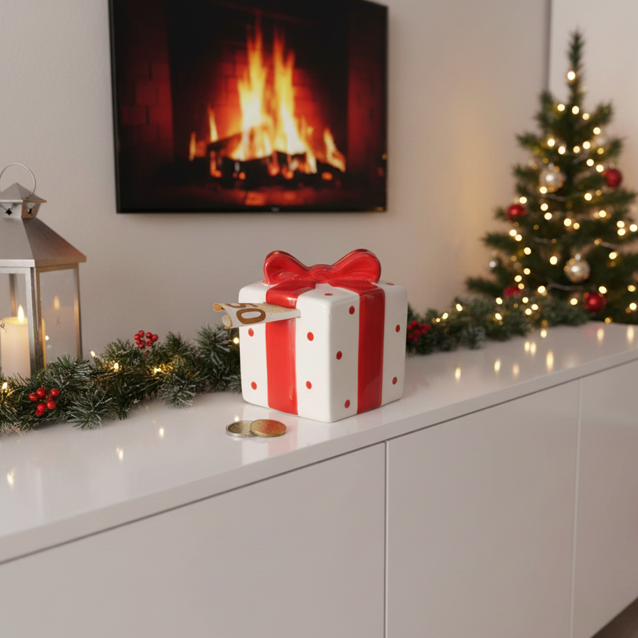 Spardose Gift Keramik Geschenkbox Rot Weiß Handbemalt