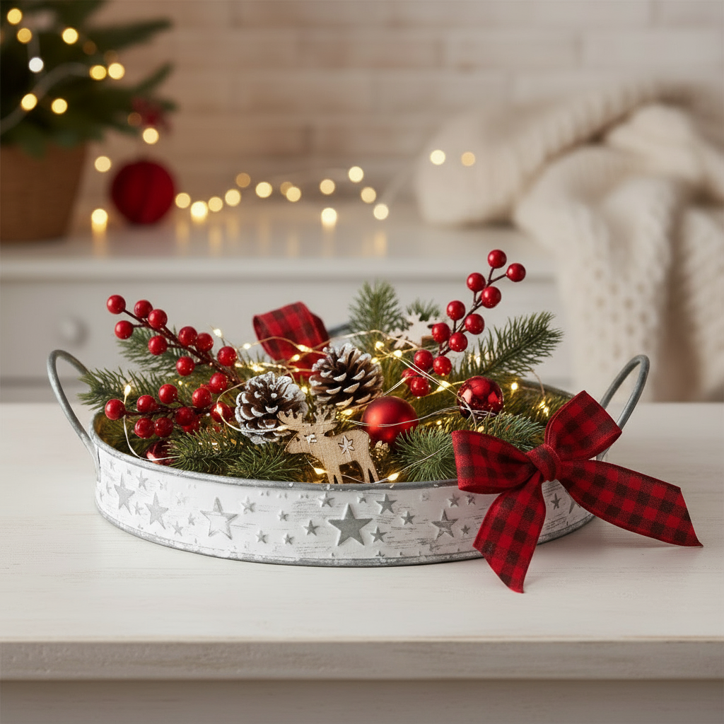 Deko Tablett Stephanus Metall Rund Grau Weiß mit Sternen Weihnachtsdekoration