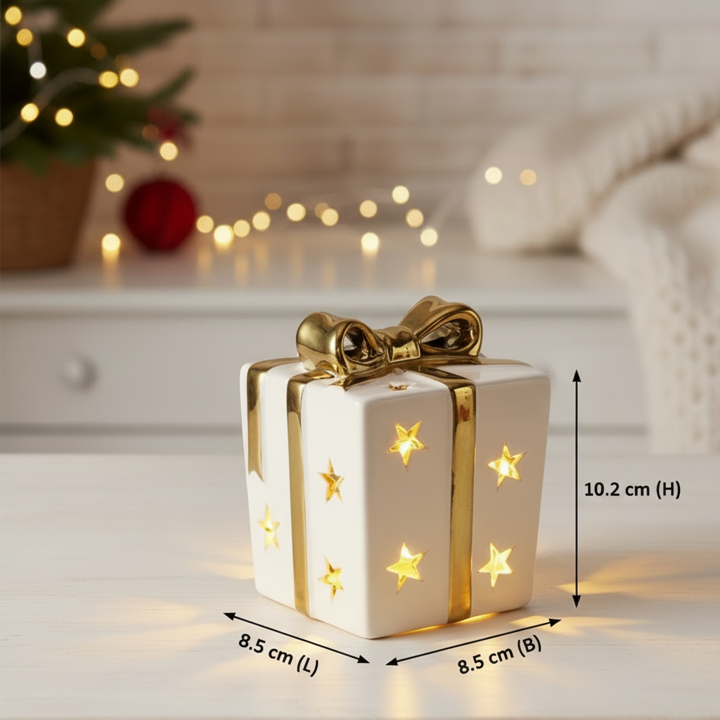 LED Deko Geschenkbox Elina Keramik Weiß Gold Geschenkform