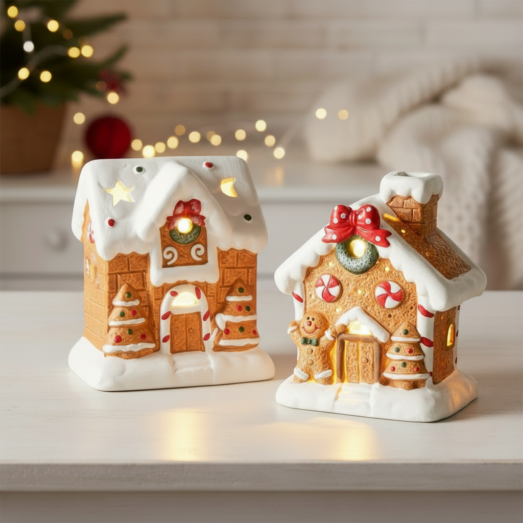 Dekoaufsteller Ginger 2er Set Lebkuchenhaus mit LED Handbemalt