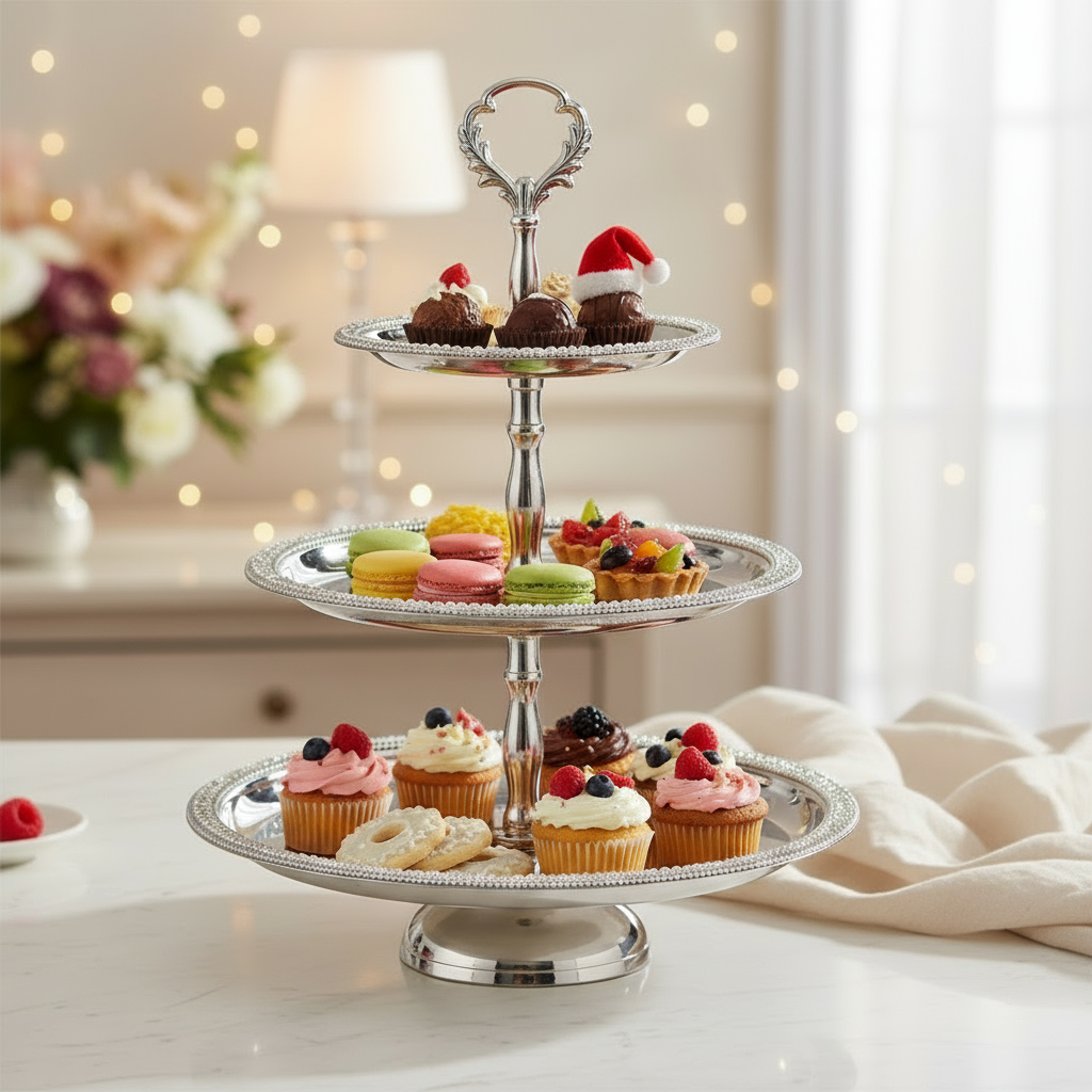 Etagere Brilli Silber Drei Etagen mit Kristallsteinen Handgefertigt Edelstahl