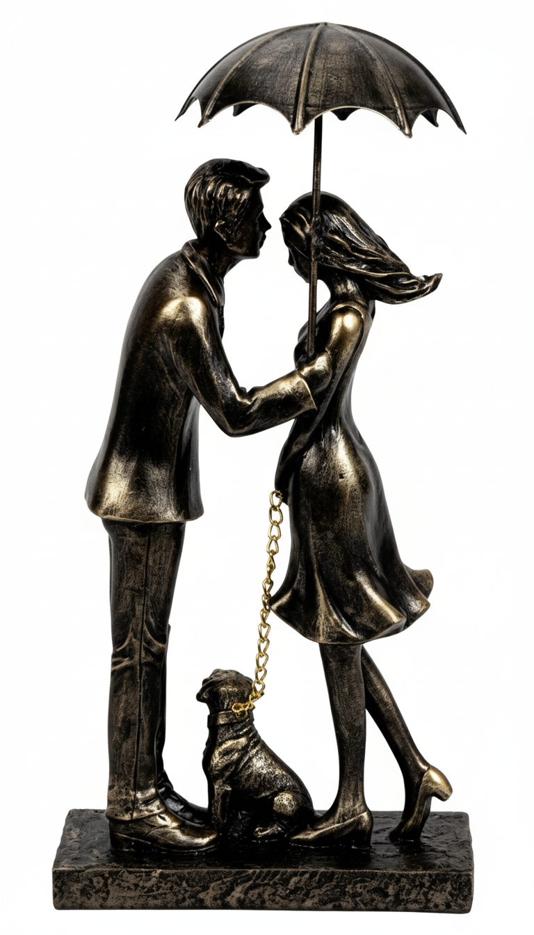 Dekofigur Paar mit Hund unter Regenschirm Gold Schwarz 32cm