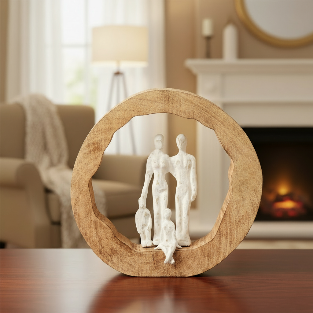 Dekofigur Familie Mangoholz Aluminium Weiss Natur 27cm