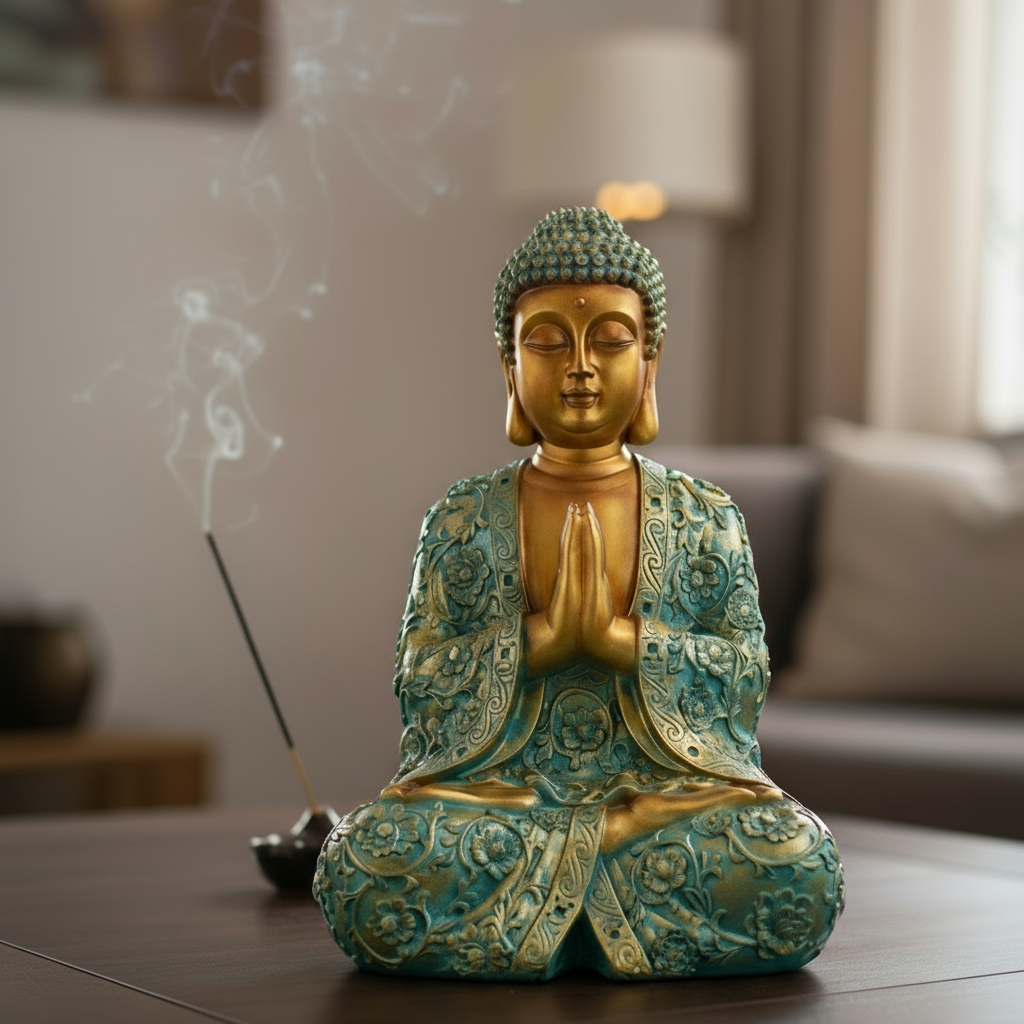 Buddha Statue Mintgruen Gold Polyresin 41cm Meditierende Figur