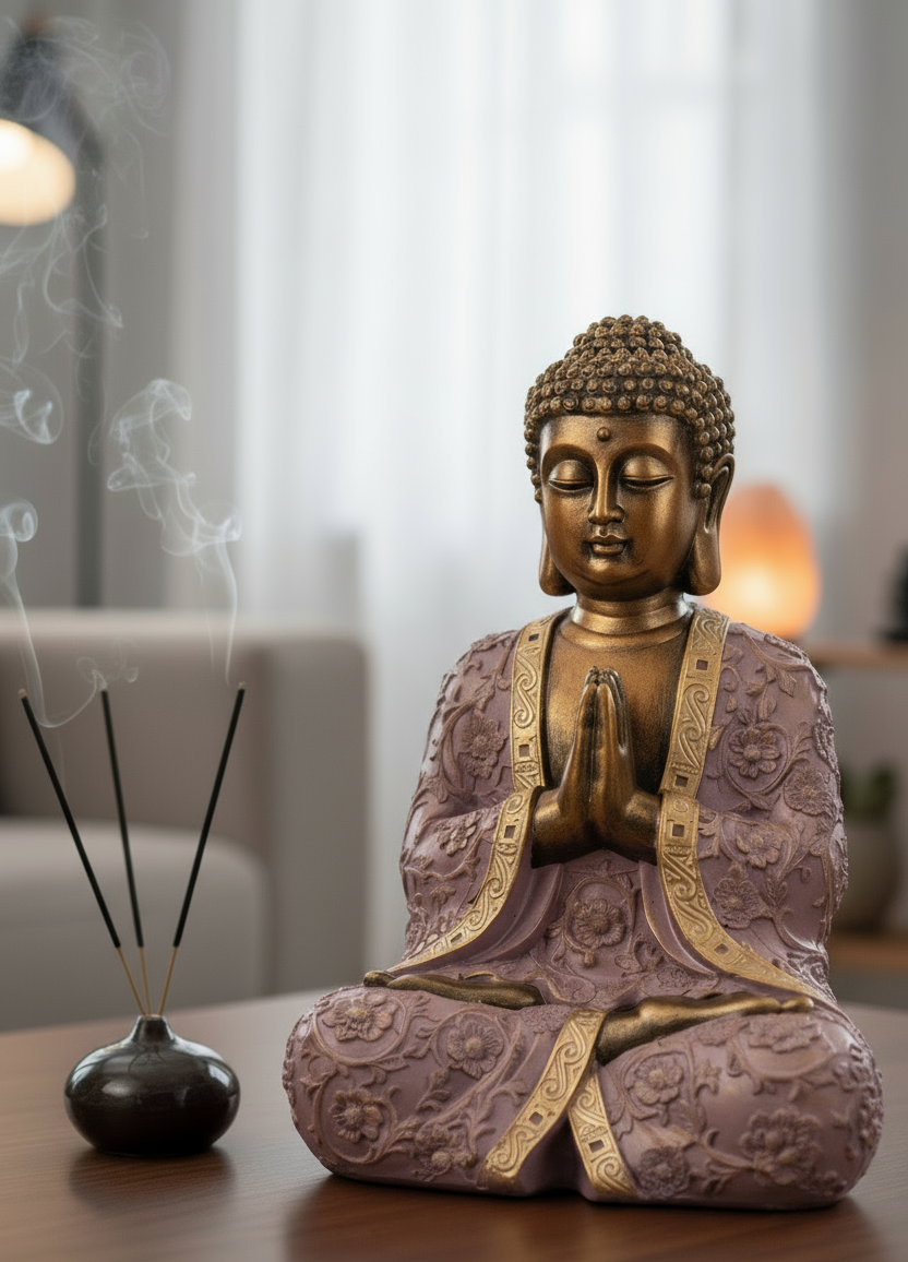 Buddha Statue Flieder Gold Polyresin 41cm Handbemalt Dekoration