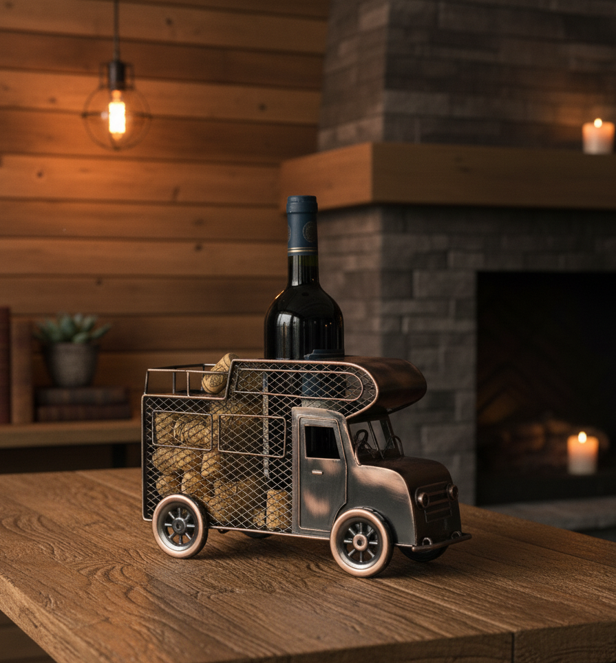 RoadVino Flessenhouder Camper Metaal met Kurkverzamelaar Brons 32cm