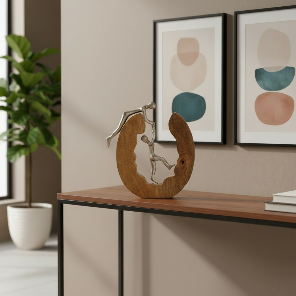 Skulptur Kletterndes Paar Zusammenhalt im Holzring Silber 31cm