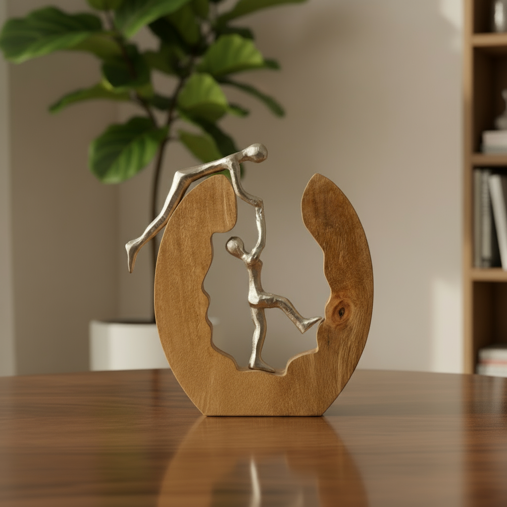 Skulptur Kletterndes Paar Zusammenhalt im Holzring Silber 31cm