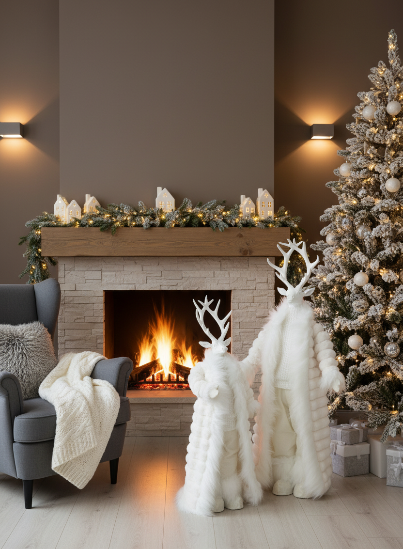 Dekofigur Hirsch Stehend mit Mantel Weiß Polyresin Winterdeko