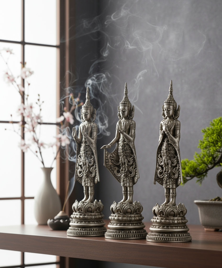 Buddha Trio Seraphina Silber Polyresin 3er Set Dekofiguren 43cm