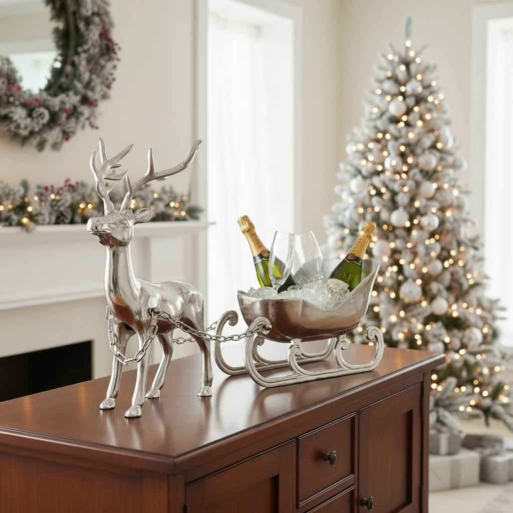 Sektkühler Hirsch mit Schlitten Silber Aluminium Vernickelt 86cm