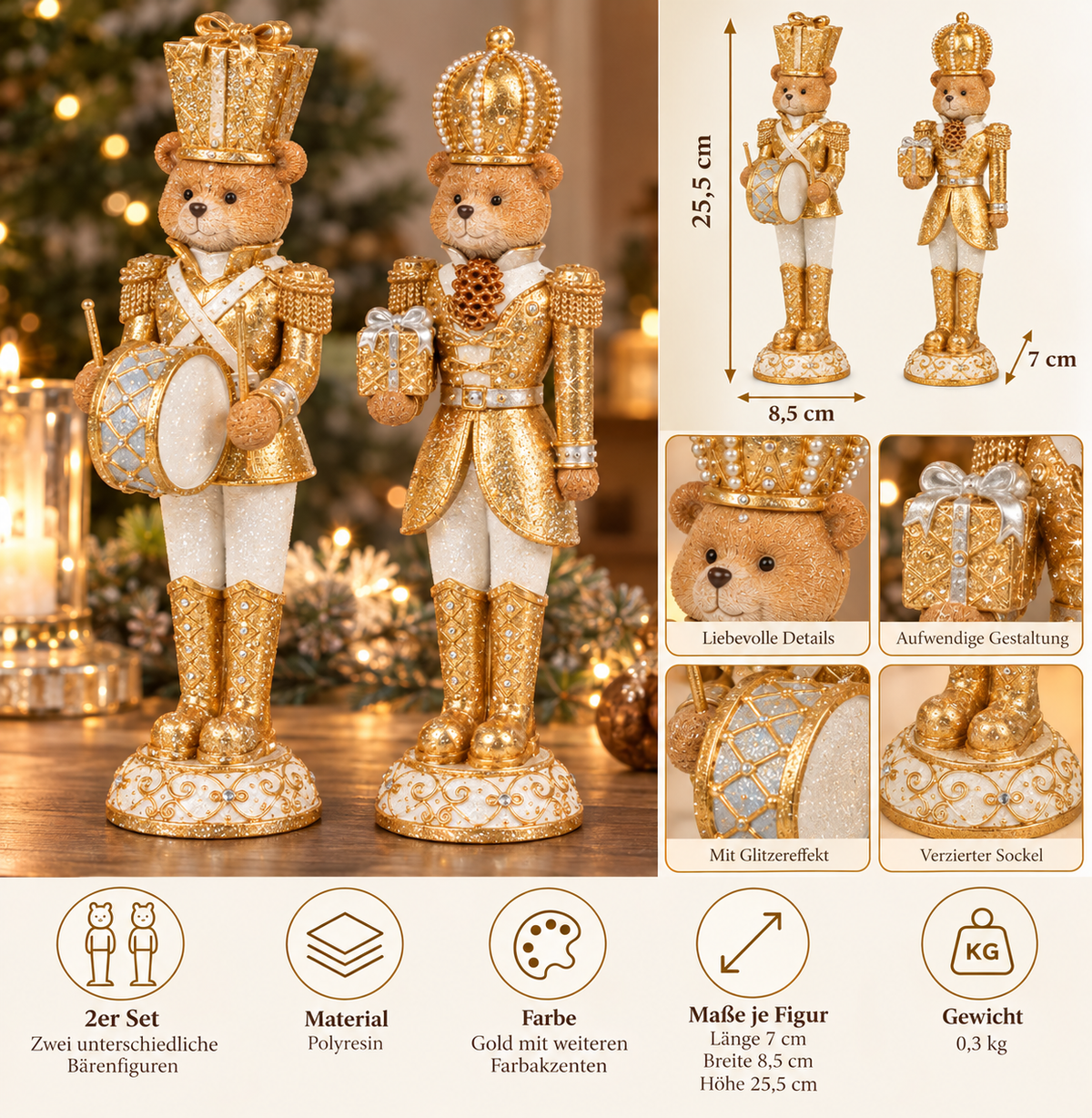 Dekofiguren Weihnachtsbären 2er Set gold 25,5 cm