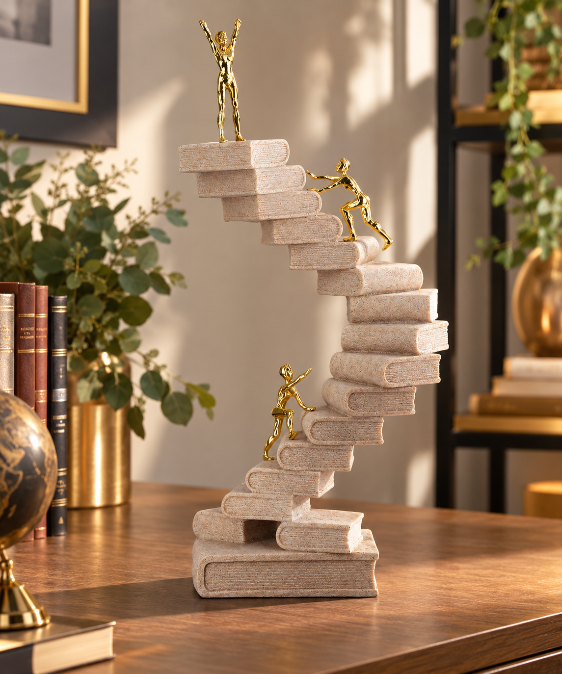 Skulptur Wissensweg Bücher Treppe Creme Gold 30cm