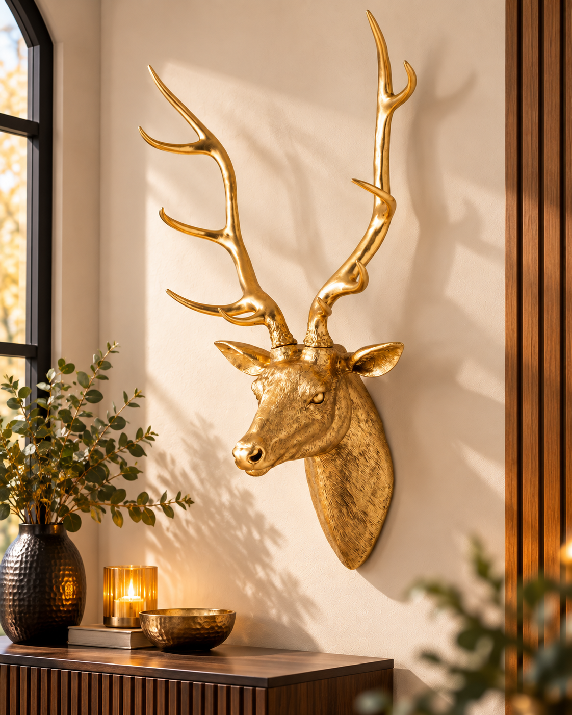 Wanddeko Hirschkopf Gold mit Geweih 103 cm