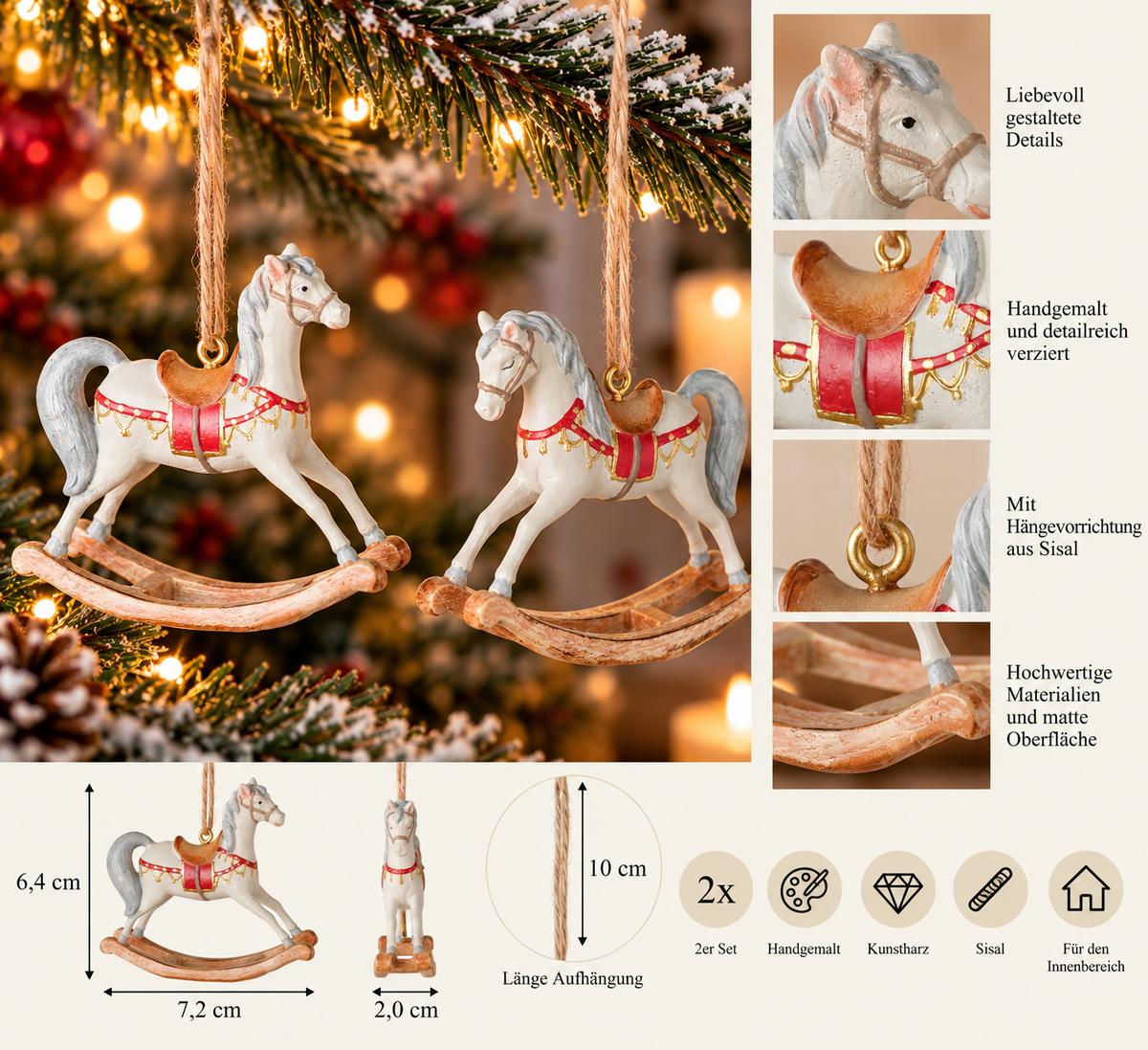 Weihnachtsanhänger Cavallo Schaukelpferd Cremeweiß 2er Set 7,2 cm