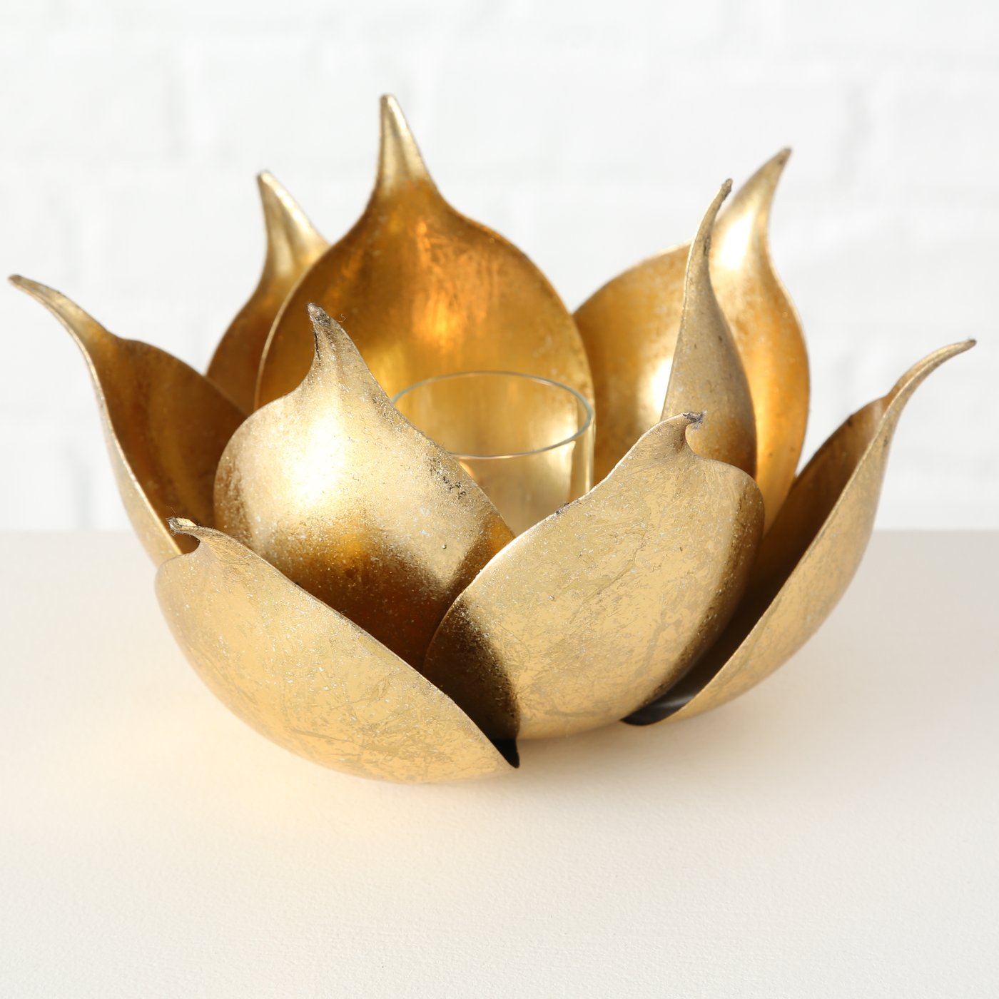 Lotus Windlicht Kerzenhalter, Metall Gold, 20 cm, Handgefertigt