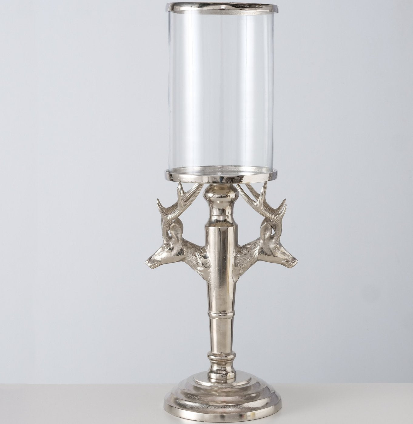 Majestätisches Hirsch Windlicht Auerach - Kunstwerk in Silber und Klarglas Höhe 75cm