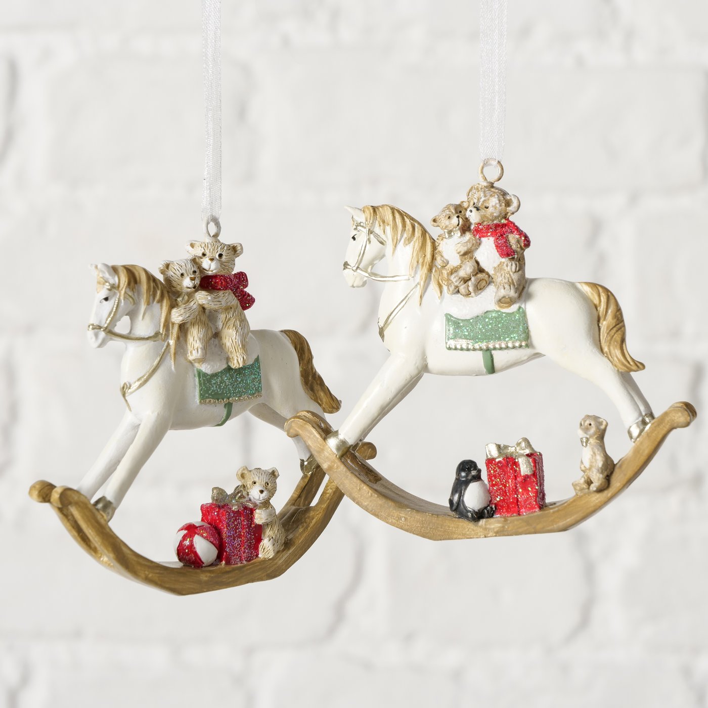Weihnachtsanhänger Teddypferdchen 2er Set Schaukelpferd mit Bären