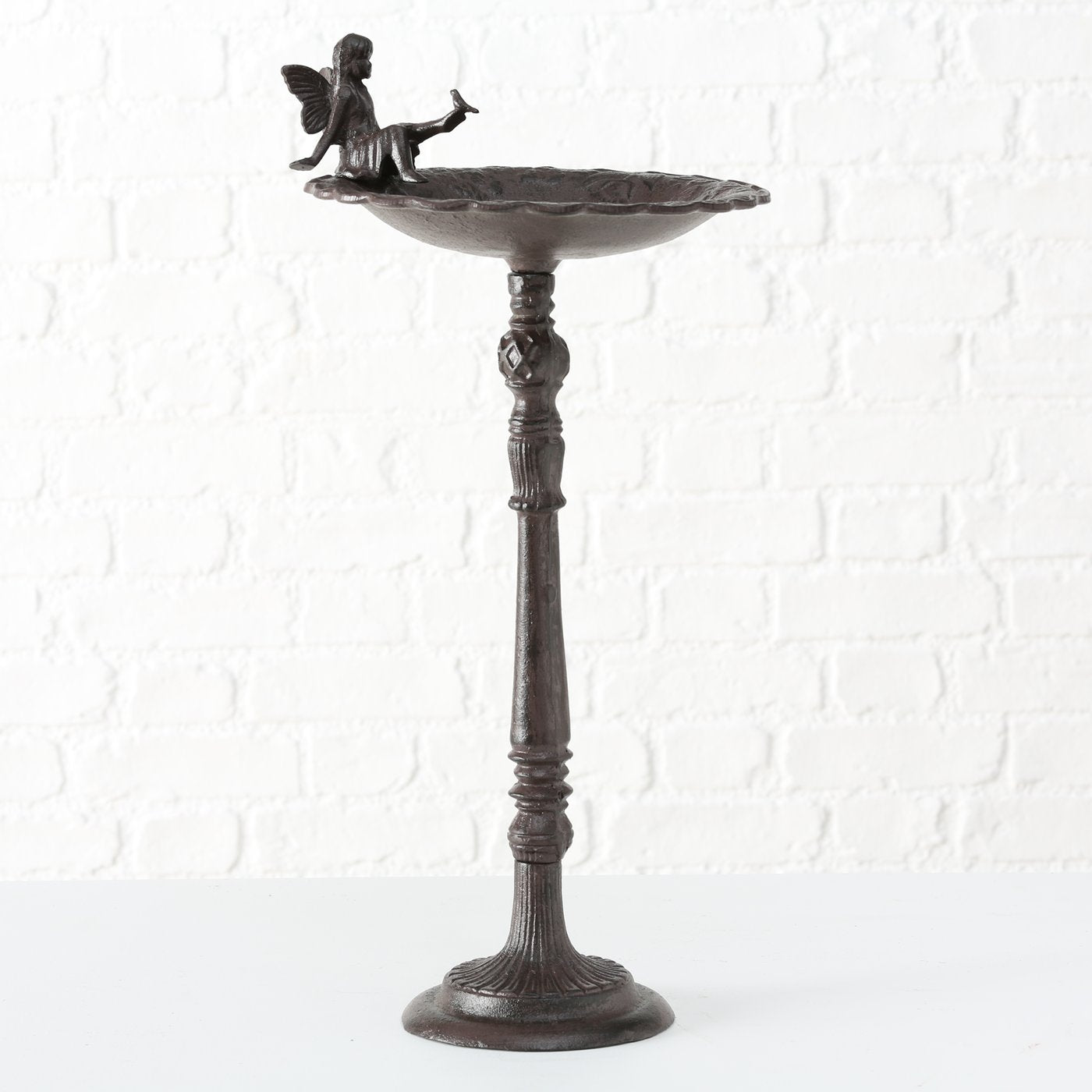 Premium Vogeltränke mit Fee aus Gusseisen in Braun matt - 64cm Höhe