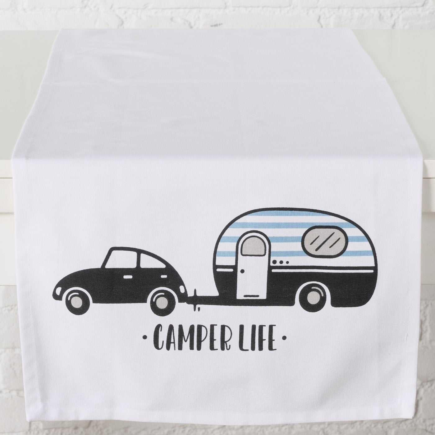 Tischläufer Camper Life schwarz weiß mit Auto und Wohnwagen Motiv