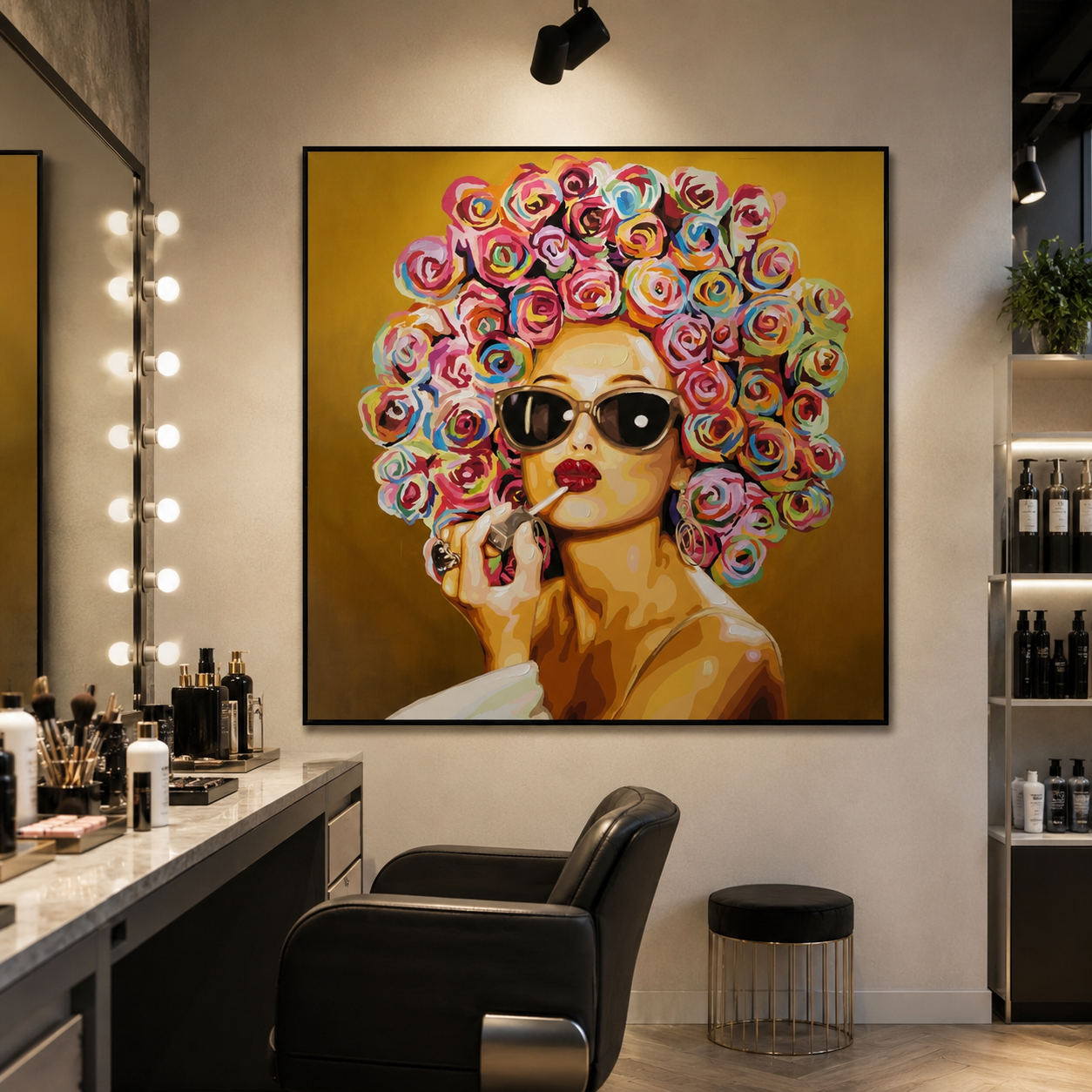Lebendige Graffiti Frau mit Lippenstift - Handbemalte Leinwand Wanddekoration in vielfältigen Farben 100x100cm