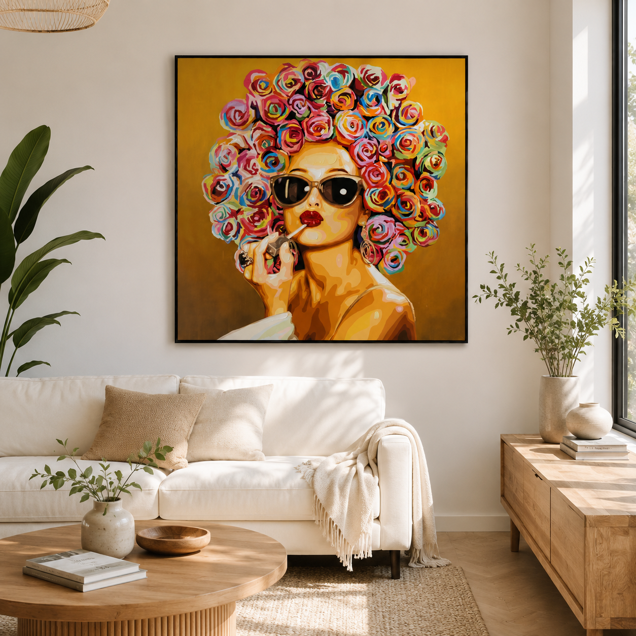 Lebendige Graffiti Frau mit Lippenstift - Handbemalte Leinwand Wanddekoration in vielfältigen Farben 100x100cm