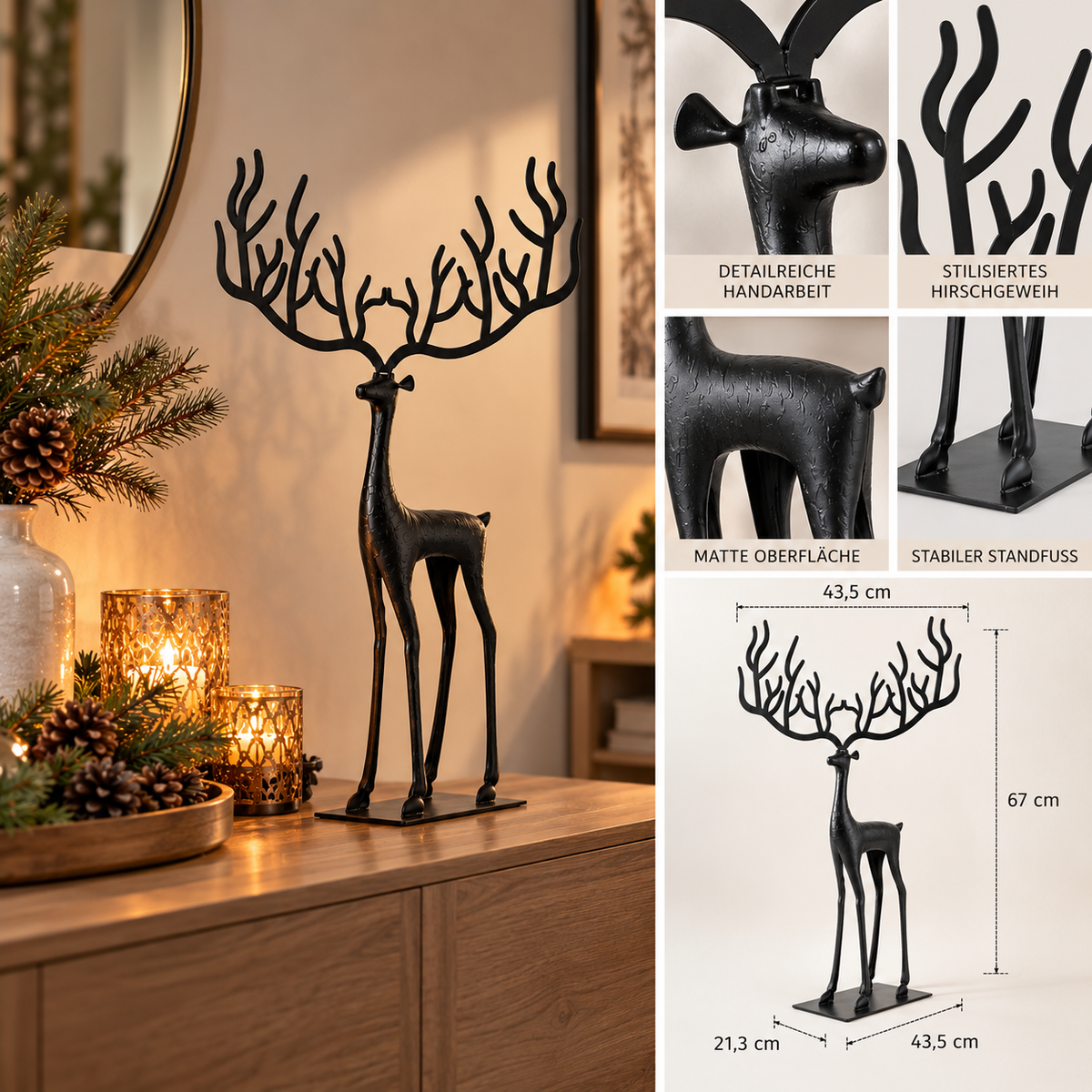 Cornelius Grand Deer Figurine Black 67cm Metal Handmade Matt
