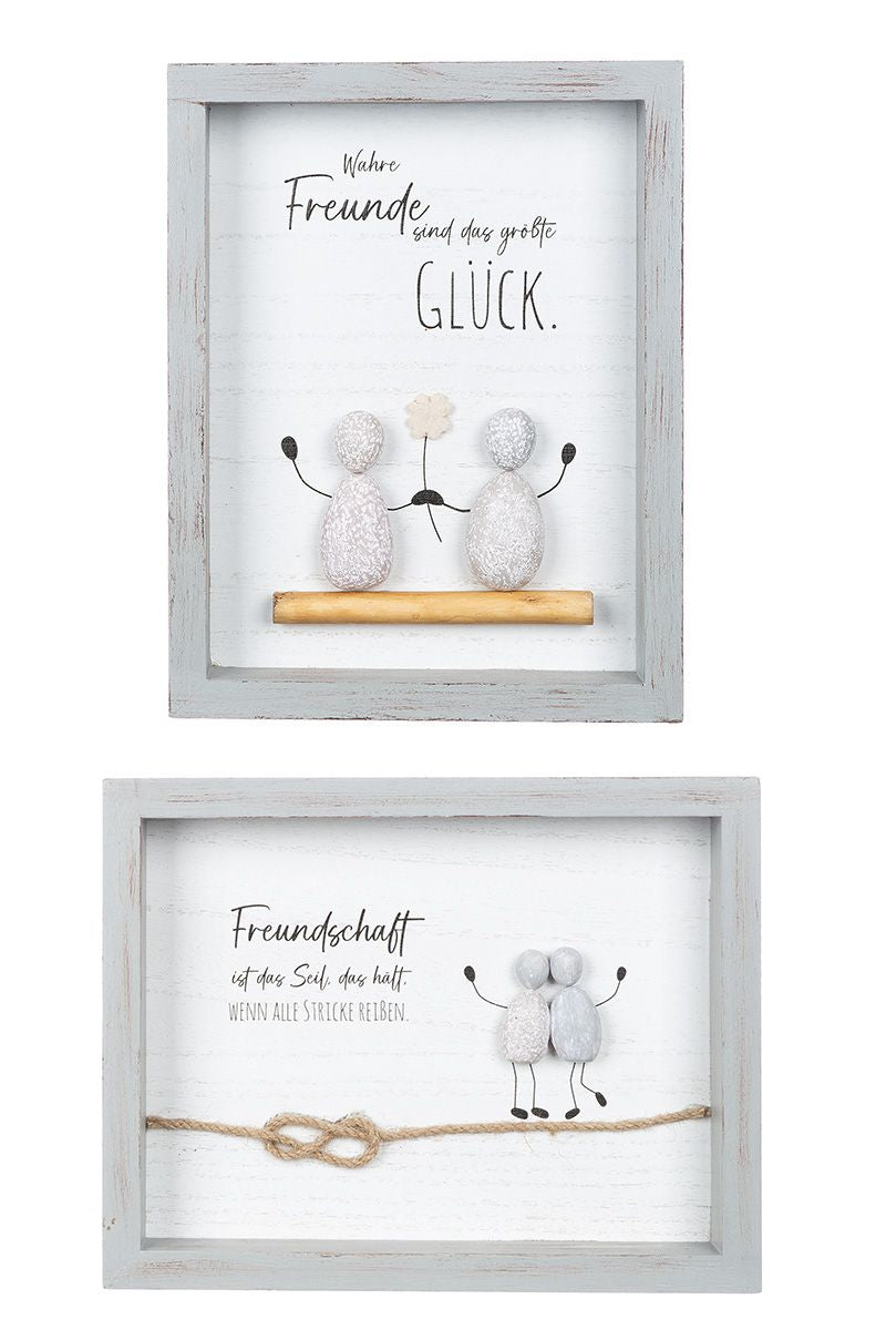 Set aus 2 Steinbildern Wahre Freunde & Freundschaft mit Spruch, 3D-Optik, grauer Rahmen)