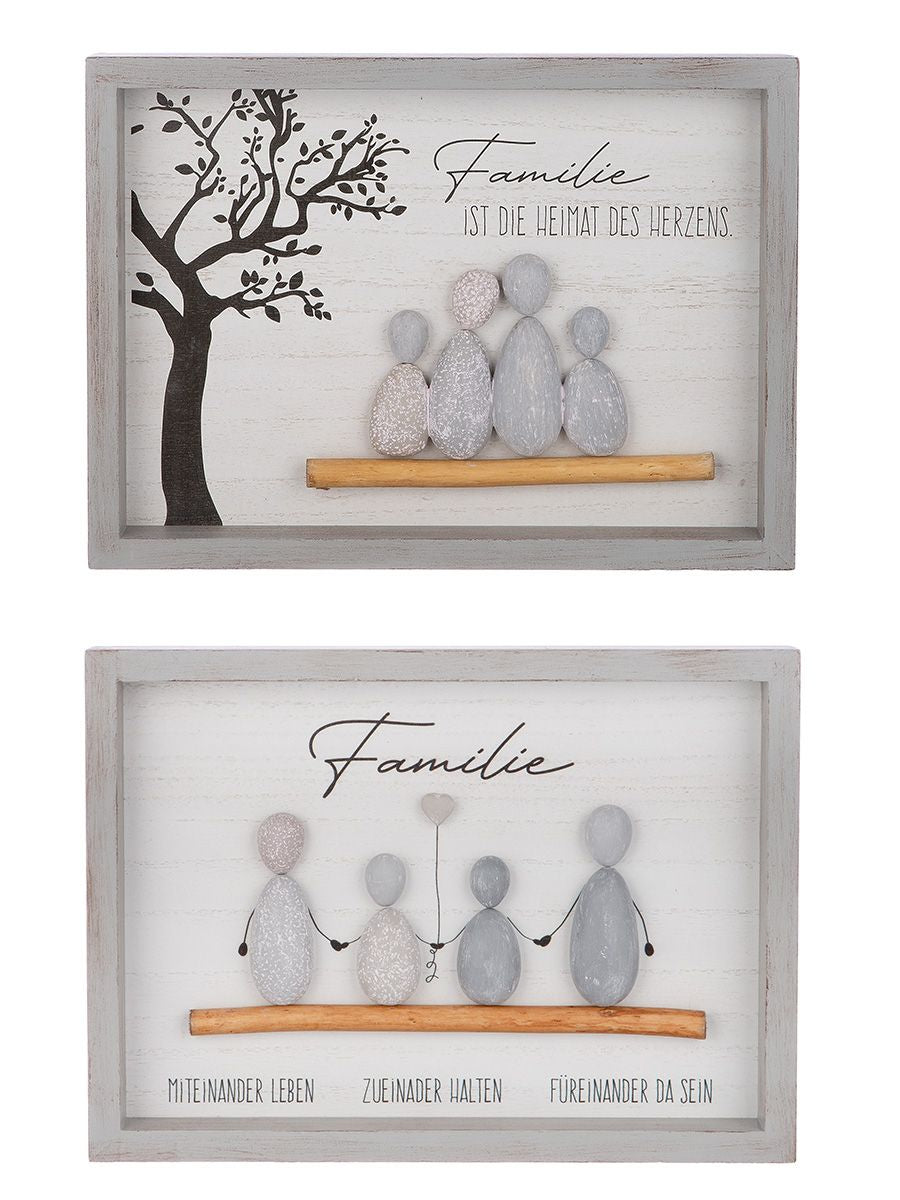 2er Set Steinbild Familie mit Sprüchen, 3D-Optik, grauer Rahmen