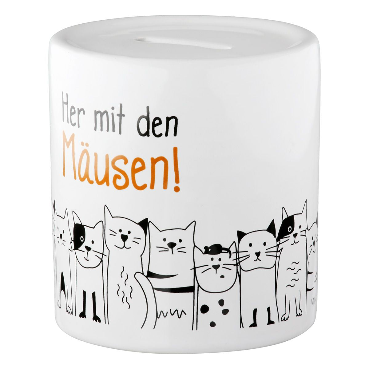 Katzenbande Keramik Spardose – Weiß mit Spruch