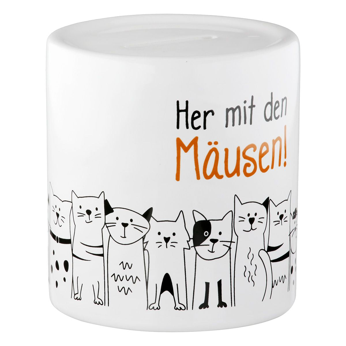Katzenbande Keramik Spardose – Weiß mit Spruch