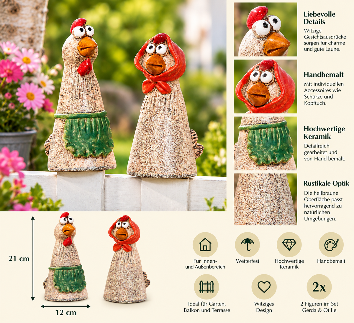 Set van 2 Hans & Hilde schuttingkrukjesset - keramische figuren voor tuinschutting