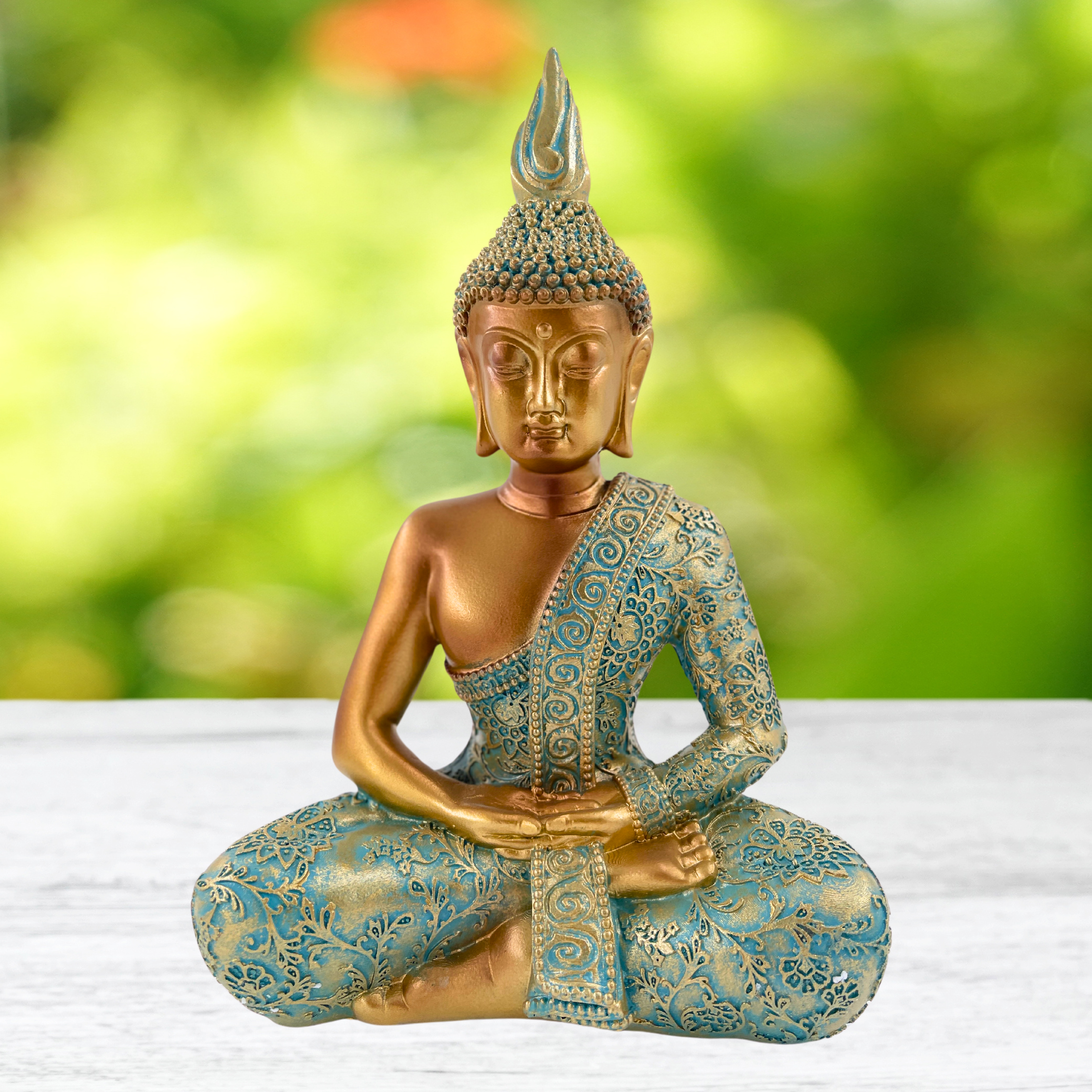 Buddha Statue Gelassenheit Mintgruen Gold Polyresin 25cm