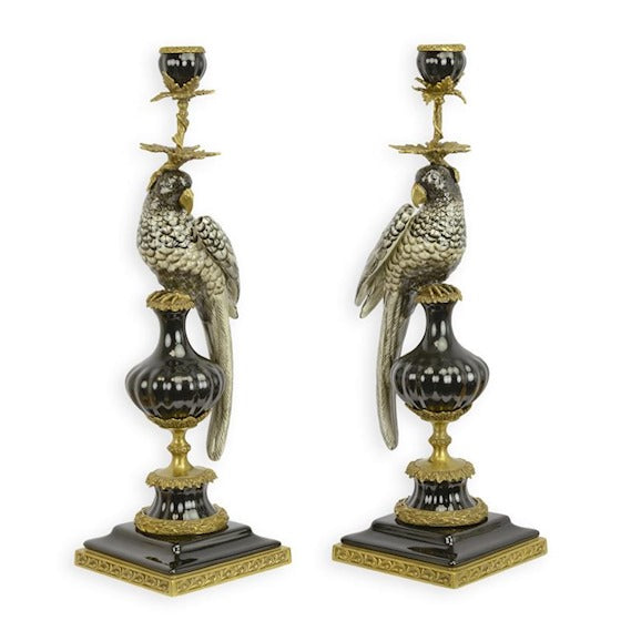Papageien Kerzenhalter Set Porzellan Bronze Montiert Antik 48cm