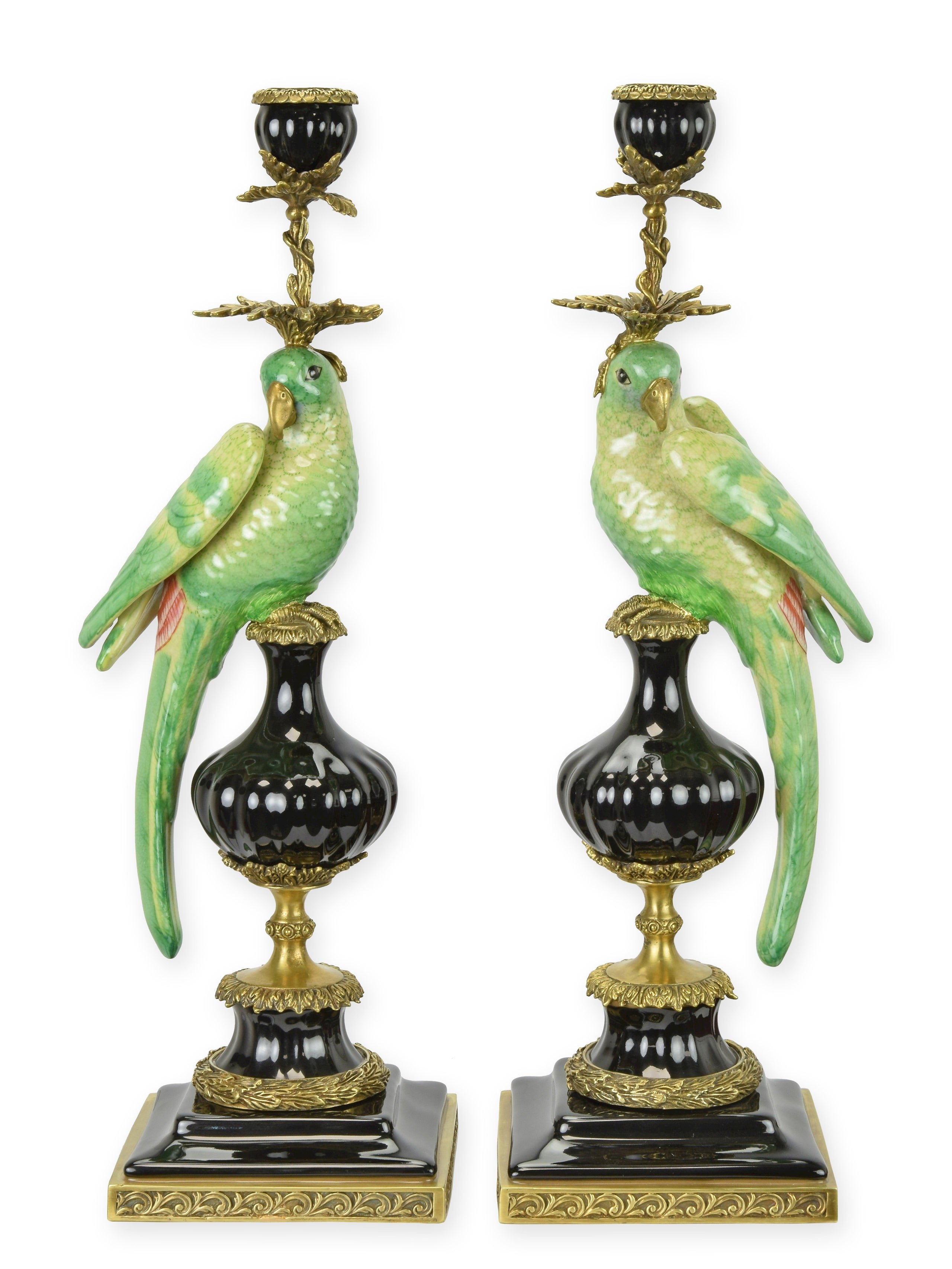 Papageien Kerzenhalter Set Porzellan Bronze Montiert Grün 48cm