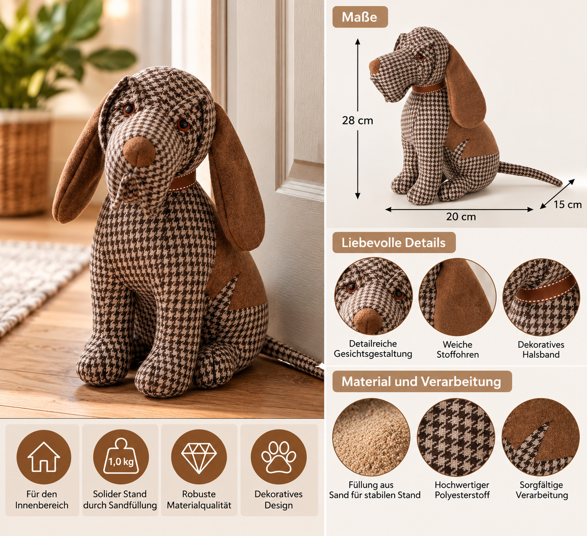Türstopper Cooper Hund kariert beige braun 28 cm