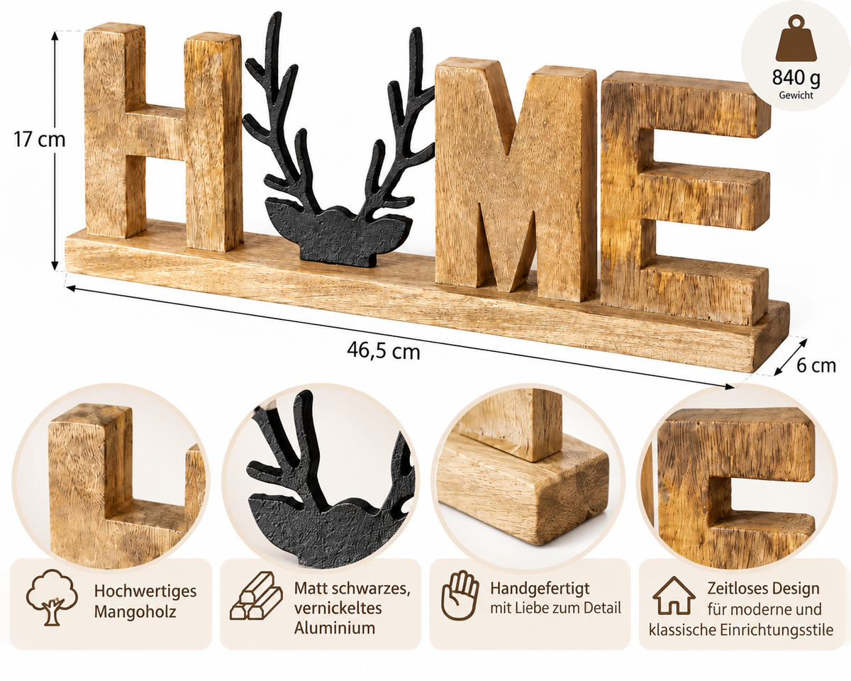 Vilbert lettering Home with deer head – natural & black