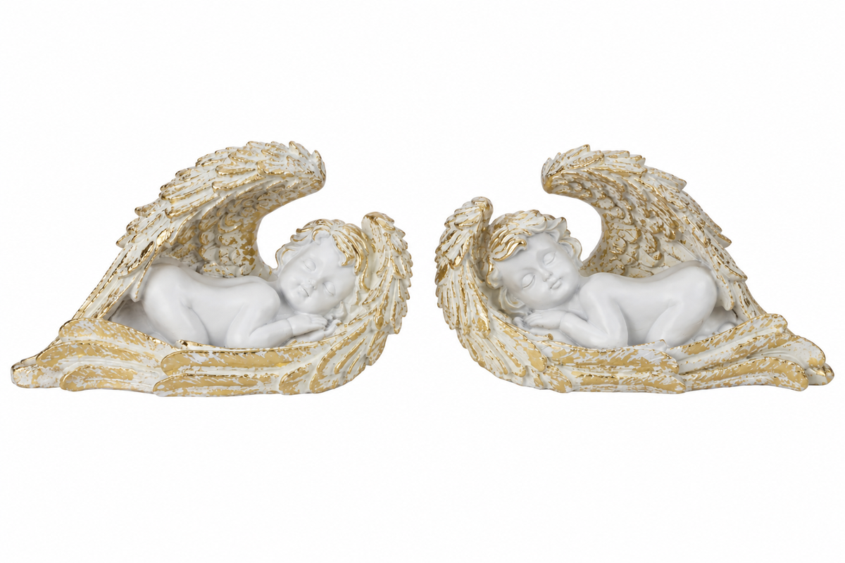 Engelfiguren Schlafende Engel in goldenen Flügeln Weiß Gold 2er Set 25–26 cm