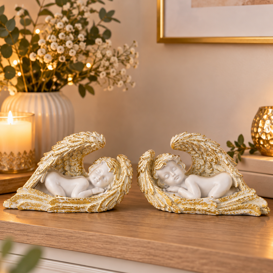 Engelfiguren Schlafende Engel in goldenen Flügeln Weiß Gold 2er Set 25–26 cm