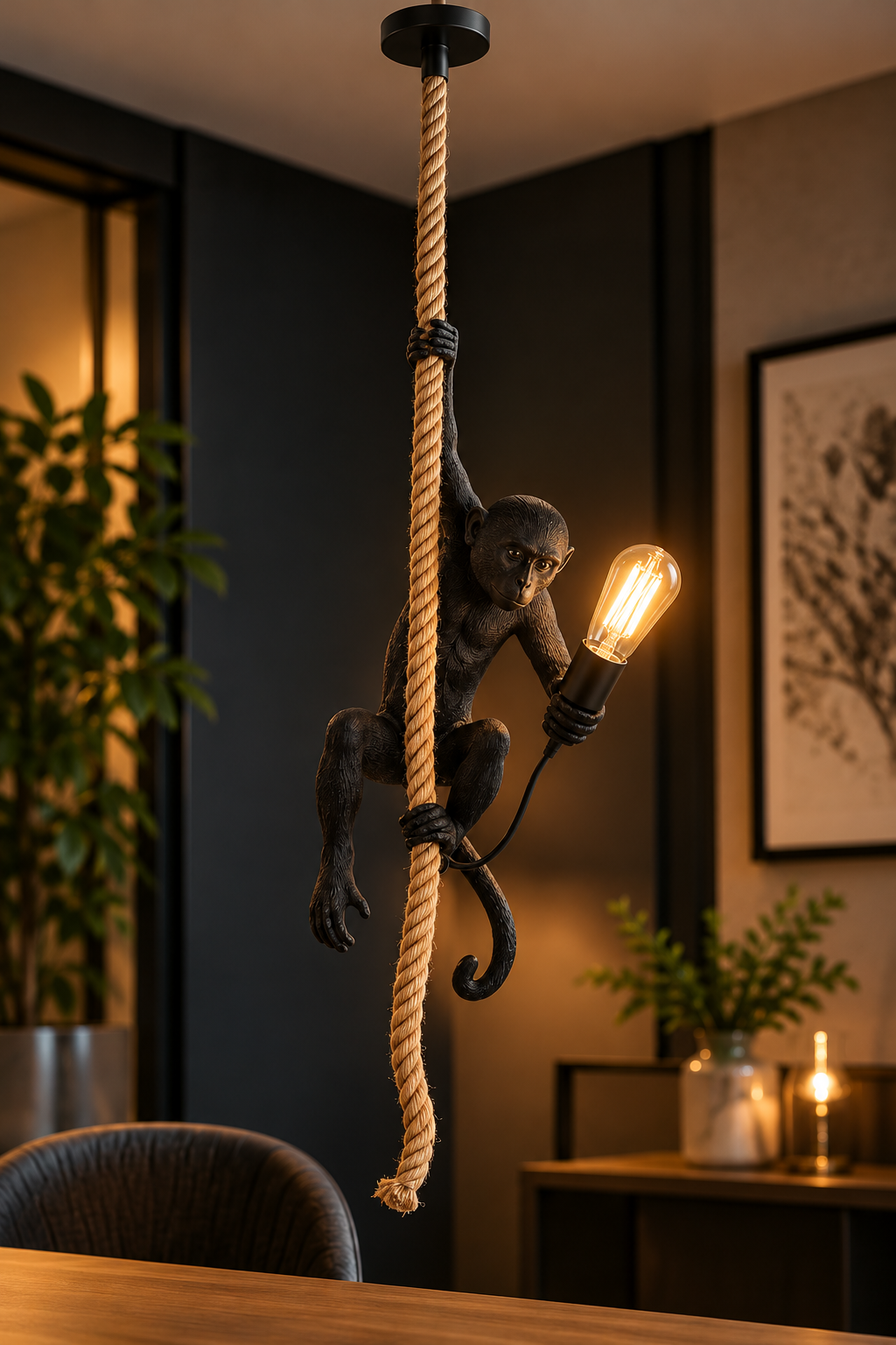 Pendelleuchte Monkey Schwarz mit Affenfigur und Seil 145 cm