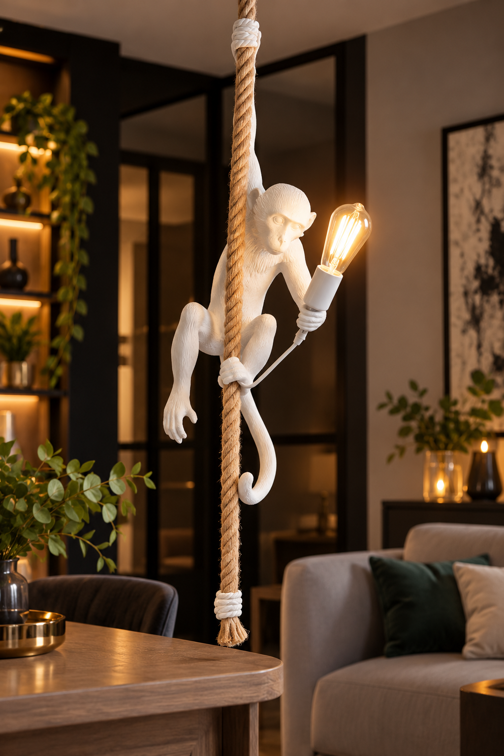 Monkey Hanging Lamp White 145 cm – Resin monkey lamp with cord and E27 socket